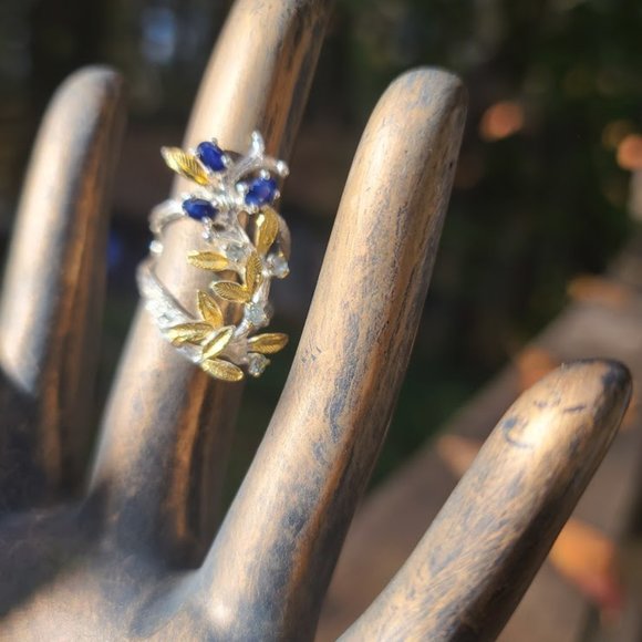 Sapphire & aquamarine sterling & gold finger cuff sz6.5 - Picture 5 of 11